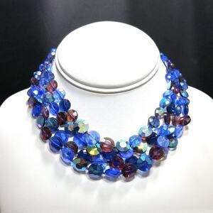 Vintage Blue Purple AB Crystal 4 Strand Choker Necklace 1950s